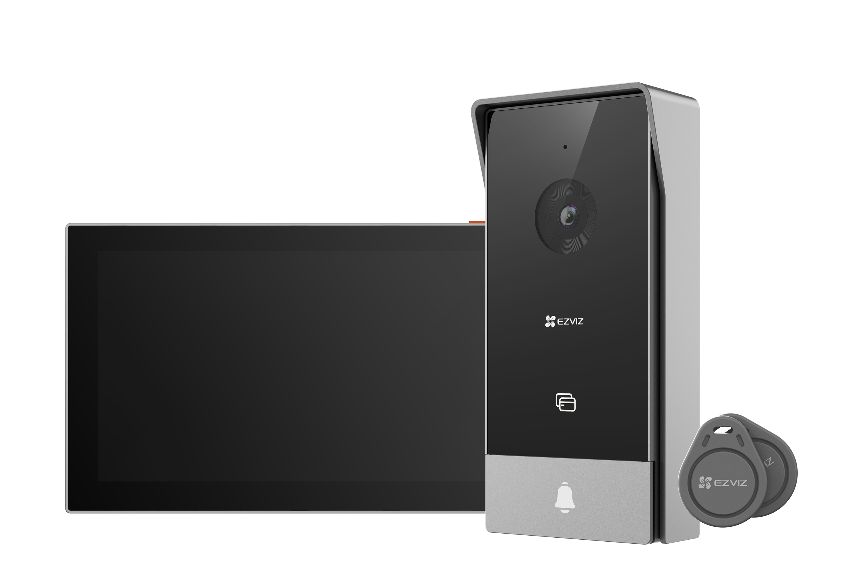 Un sistema de timbre con video EZVIZ negro, que incluye una pantalla, una unidad de timbre y llaveros.