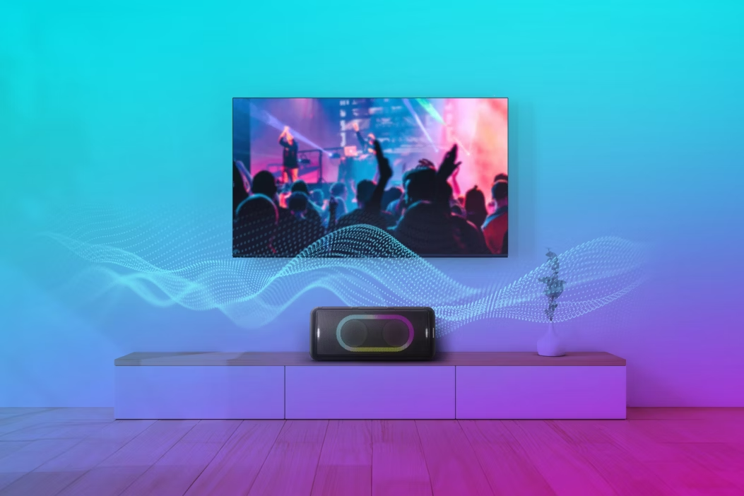 TV és hangszóró beállítás. Emberek tévét néznek. Hanghullámok vizualizálva.