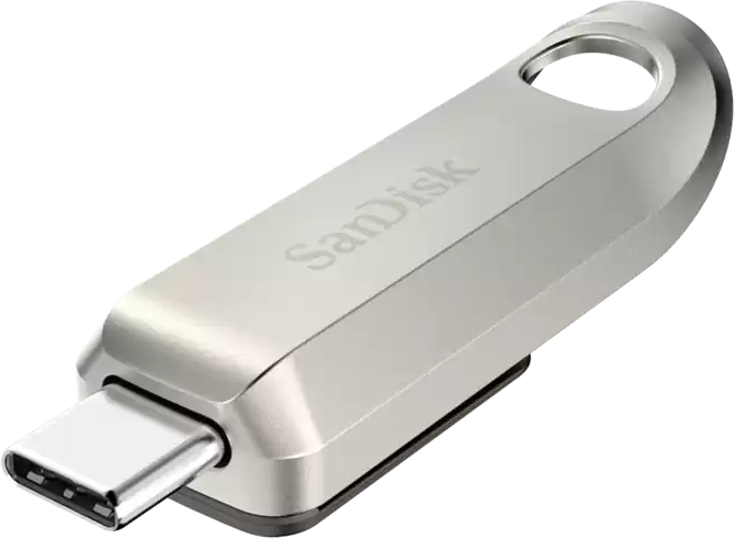 Chiavetta USB SanDisk argentata con connettore di tipo C.