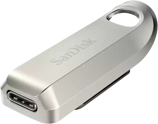 Una chiavetta USB argentata con connettore usb-c, su sfondo nero.
