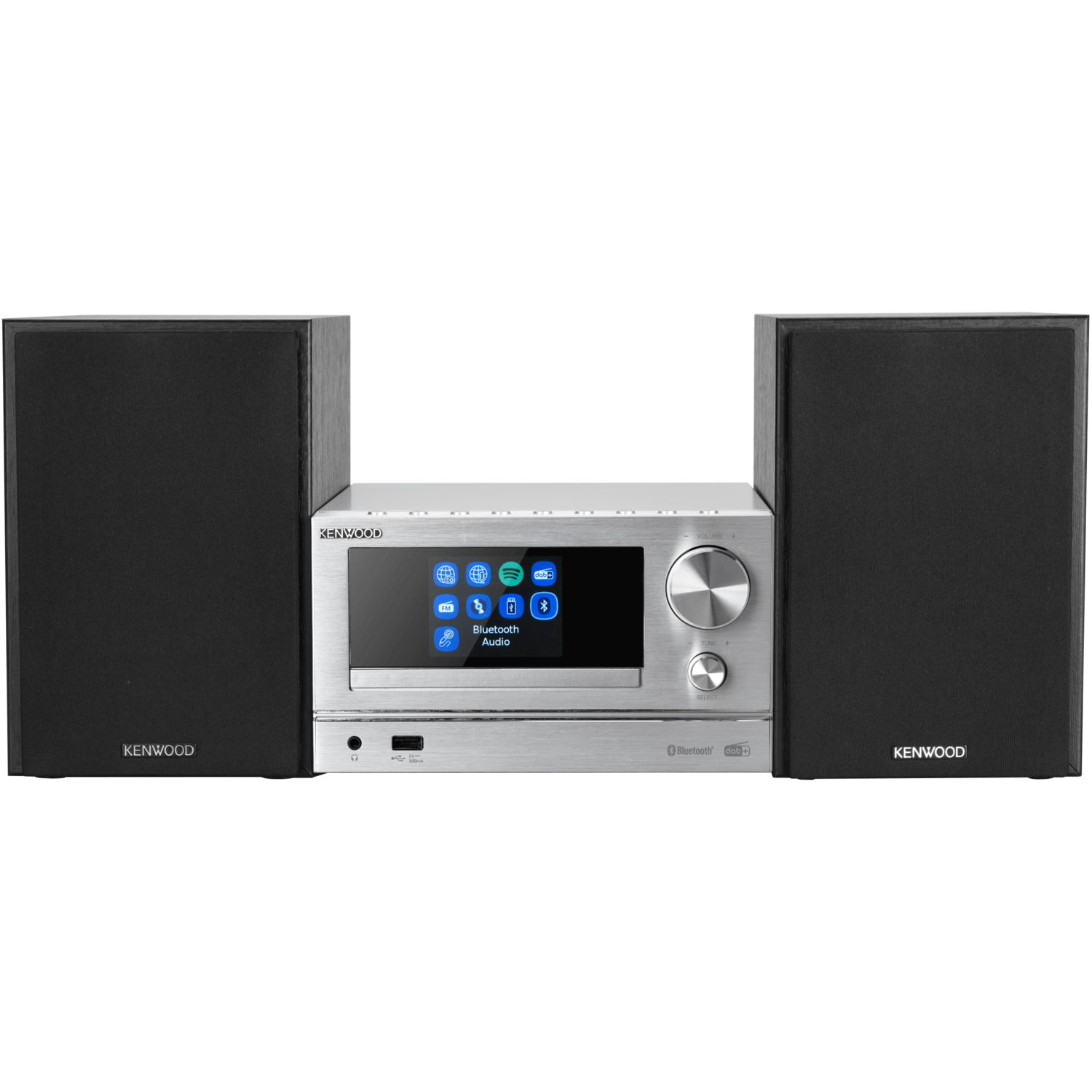 Kenwood stereosysteem met twee luidsprekers. Zilveren unit met scherm en volumeknop, alles op een zwarte achtergrond.
