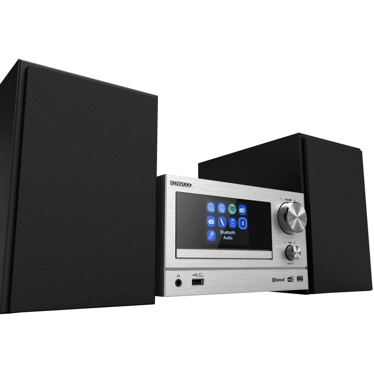 Zilveren Kenwood stereosysteem met luidsprekers. Voorzien van een scherm en knoppen.