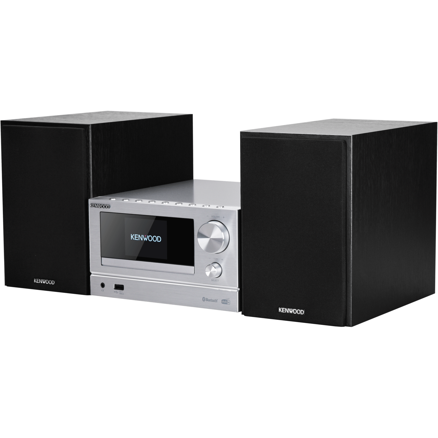 Een zilveren Kenwood stereosysteem met twee zwarte luidsprekers op een zwarte achtergrond.