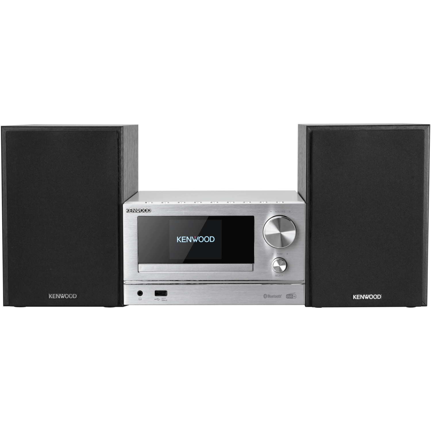 Een zilveren Kenwood stereosysteem met luidsprekers aan beide zijden. KENWOOD wordt weergegeven.