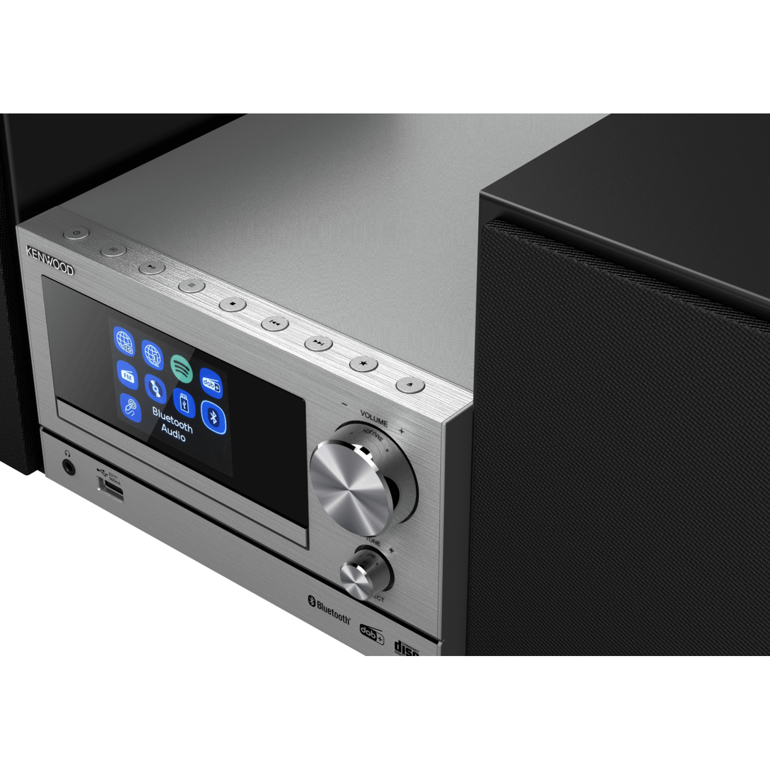 Een zilver en zwart Kenwood audiosysteem met een scherm en volumeknop. Bluetooth audio pictogram is zichtbaar.