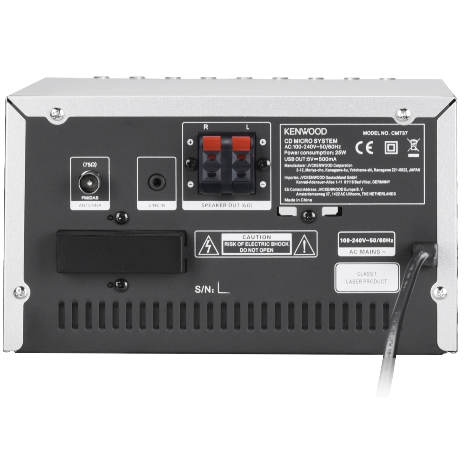 De achterkant van een Kenwood CD microsysteem. Kenmerken zijn antenne, line-in en luidsprekeruitgangen.