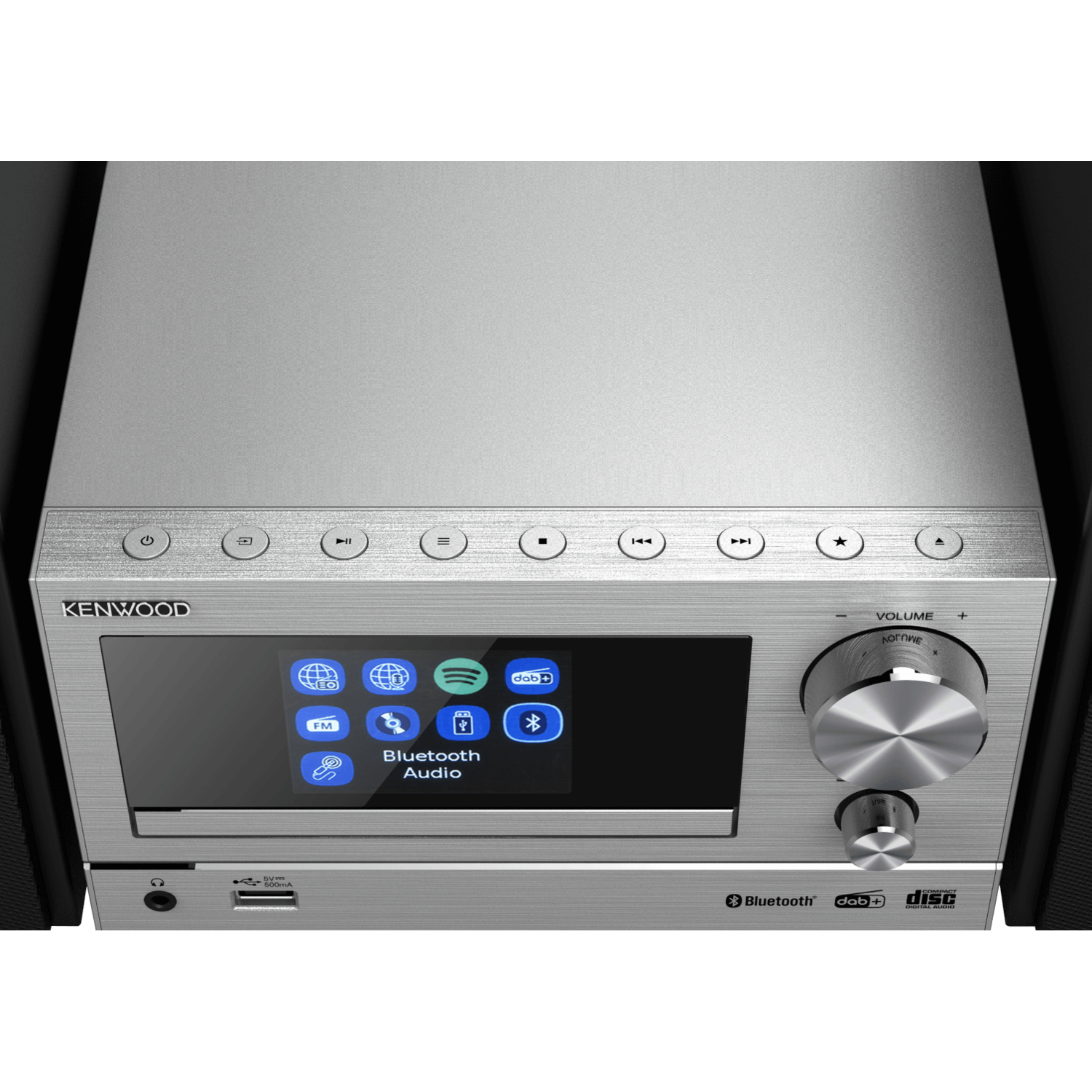 Close-up van een Kenwood stereosysteem, met bedieningselementen, een scherm en het Bluetooth-logo.