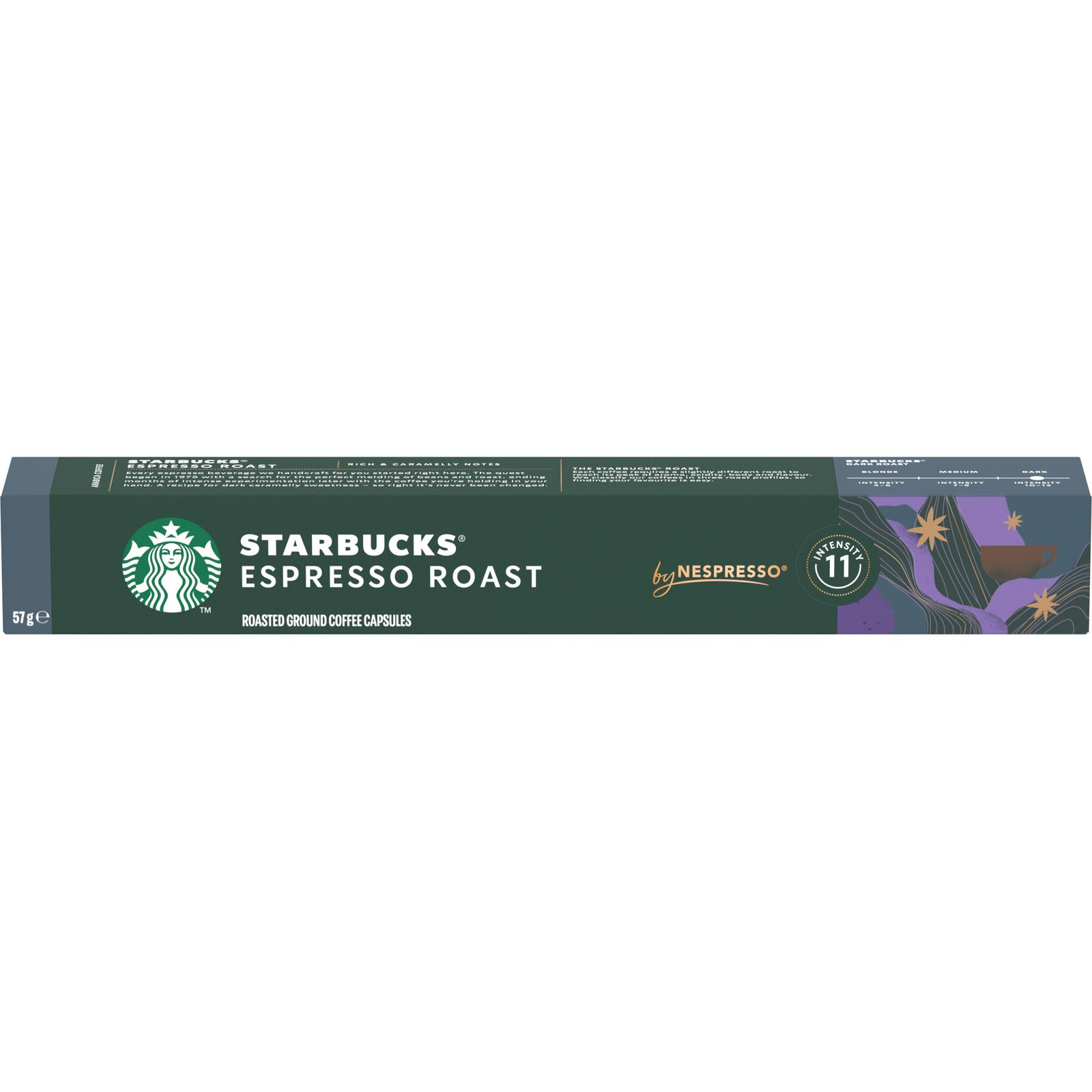 Pudełko z kapsułkami Starbucks Espresso Roast. Zielone i ciemne kolory, z logo Starbucks.