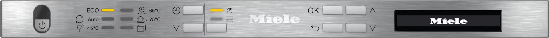 Közeli kép egy rozsdamentes acél mosogatógép vezérlőpaneljáról, gombokkal és Miele logóval.