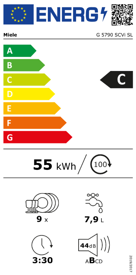 Energia címke egy Miele mosogatógéphez, amely a C energiahatékonysági osztályt és egyéb részleteket mutatja.