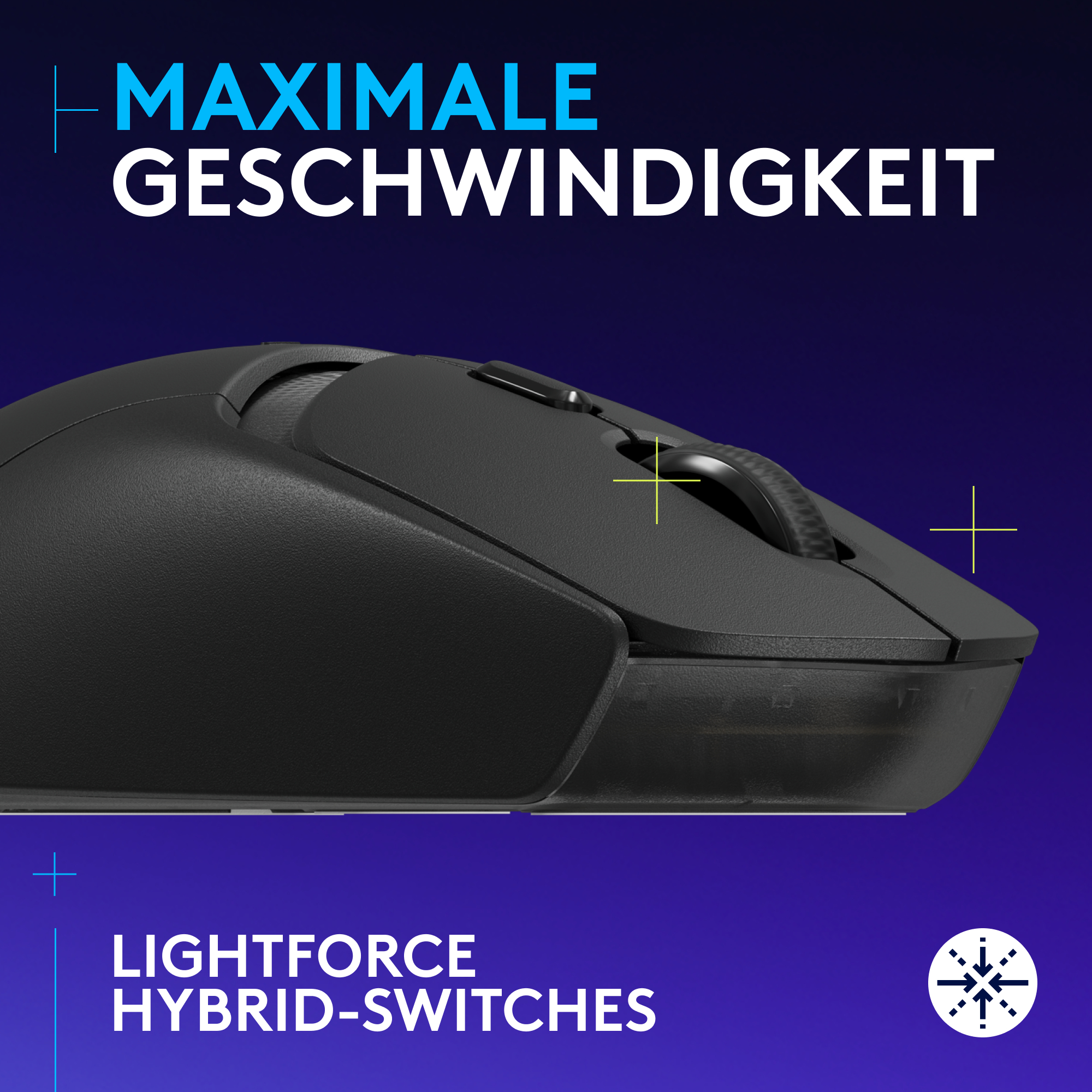 Schwarze Gaming-Maus mit Text, Rad und Seitentasten.