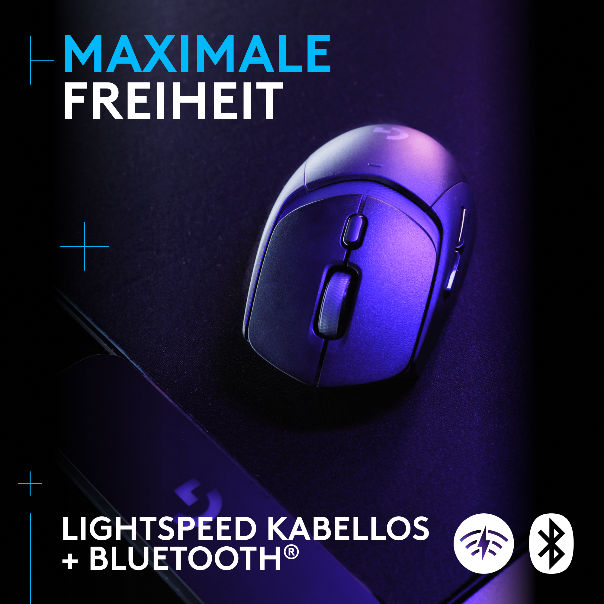 Kabellose schwarze und blaue Maus mit Text.