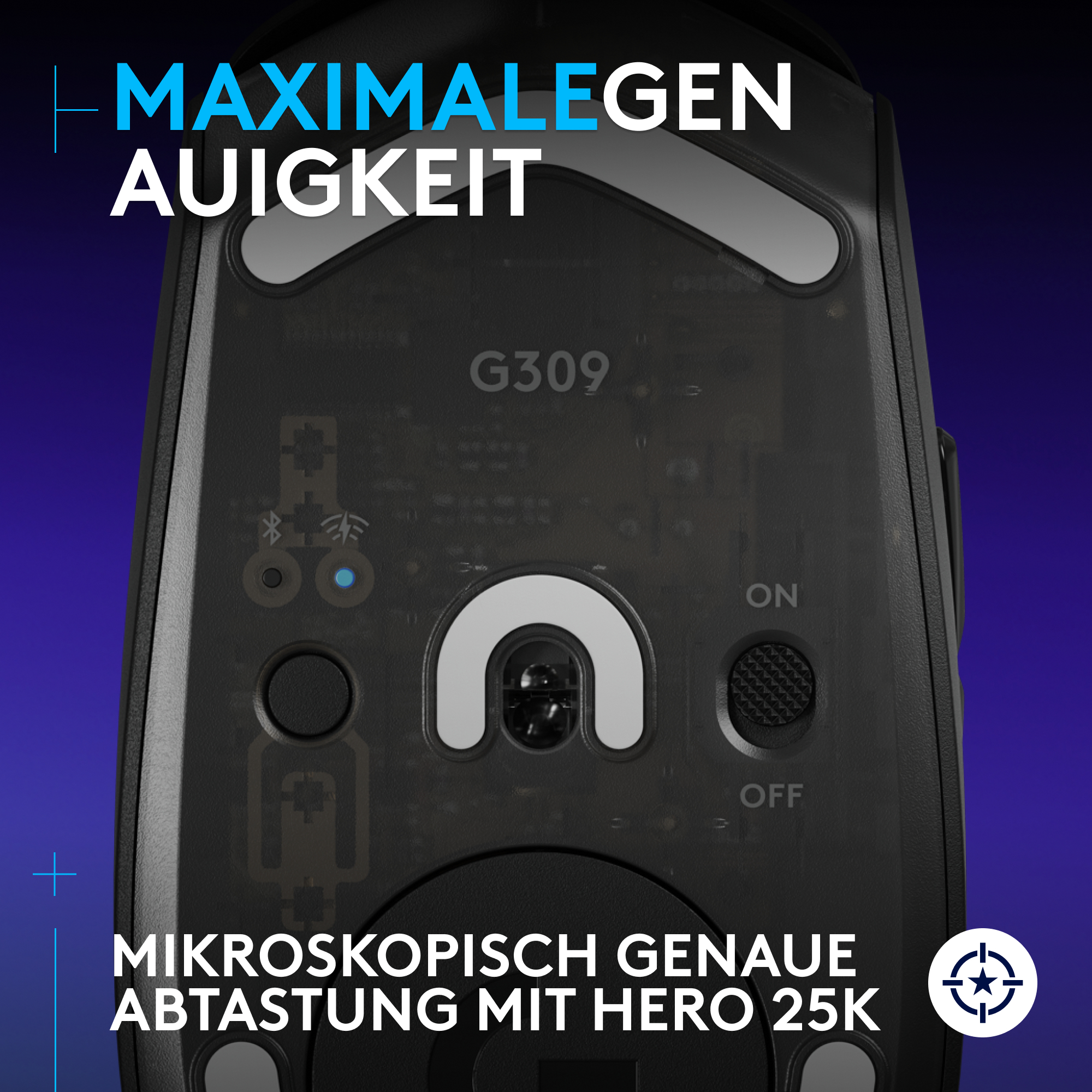 Unterseite einer schwarzen Maus mit Text und Markierungen, mit einer weißen, gebogenen Taste.
