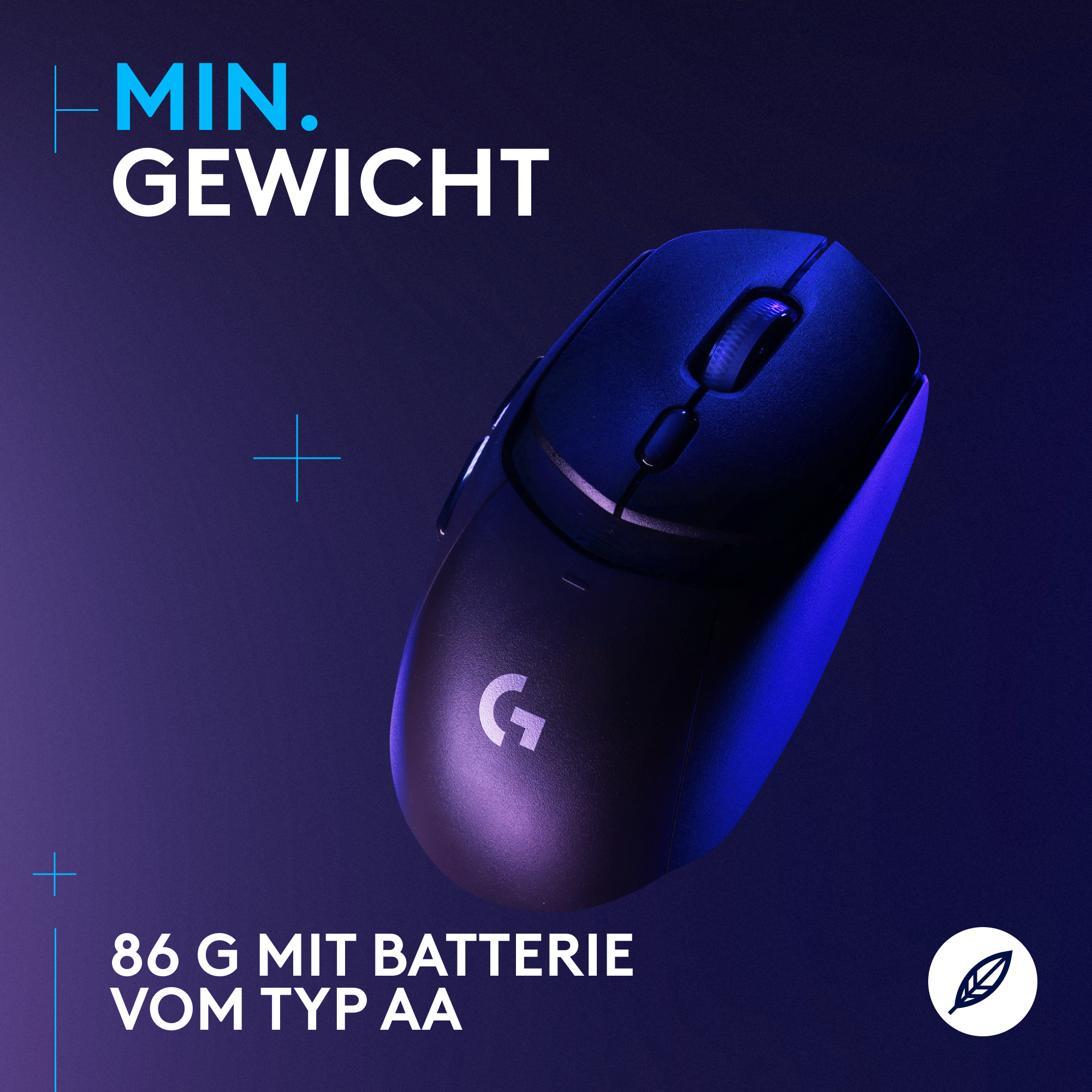 Eine schwarze Logitech Maus mit dem Text MIN. GEWICHT und 86 G MIT BATTERIE VOM TYP AA