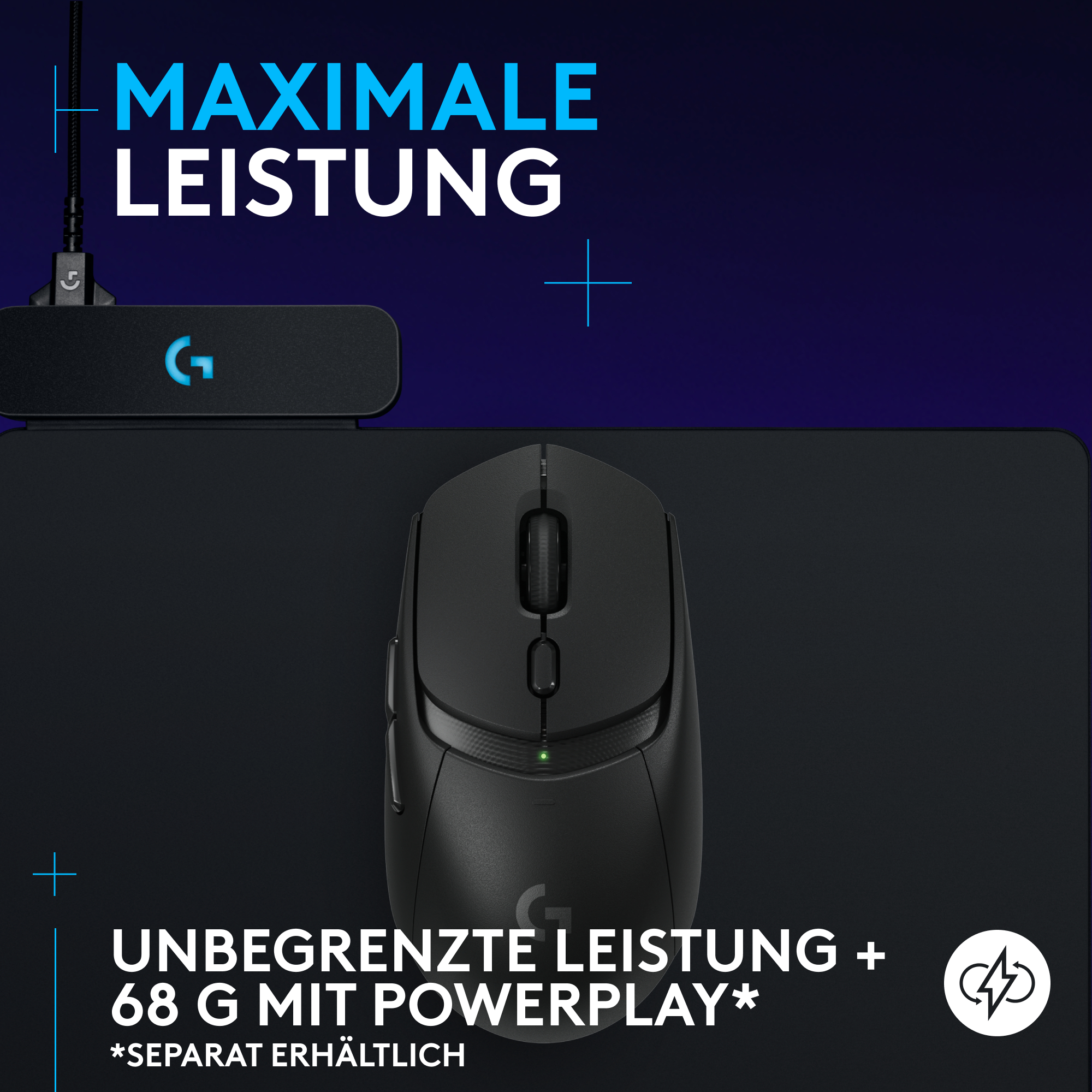Schwarze Gaming-Maus auf einem schwarzen Mauspad. Kleine schwarze Basisstation und Text: Maximale Leistung.