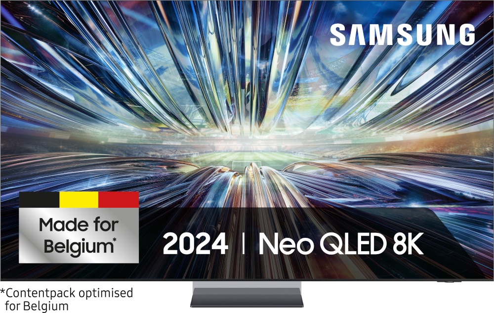 Samsung 2024 Neo QLED 8K TV. Made for Belgium. Toont een kleurrijk abstract patroon.