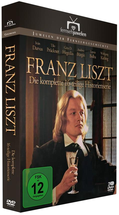 Eine DVD-Box mit Franz Liszt. Ein Mann mit einem Weinglas.