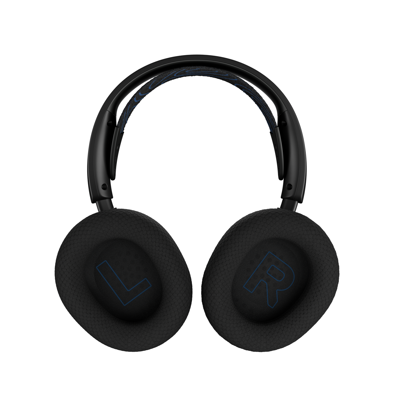 Auriculares supraaurales negros con detalles azules en la diadema y los auriculares, etiquetados como L y R.
