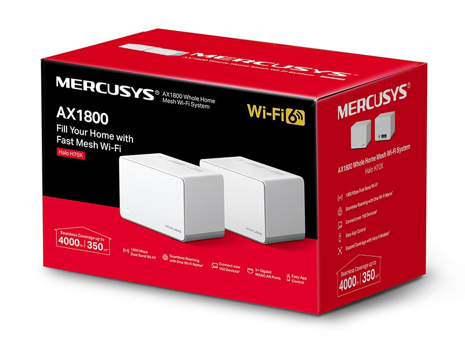 Czerwone i czarne pudełko systemu Wi-Fi, widoczne białe urządzenia siatkowe.