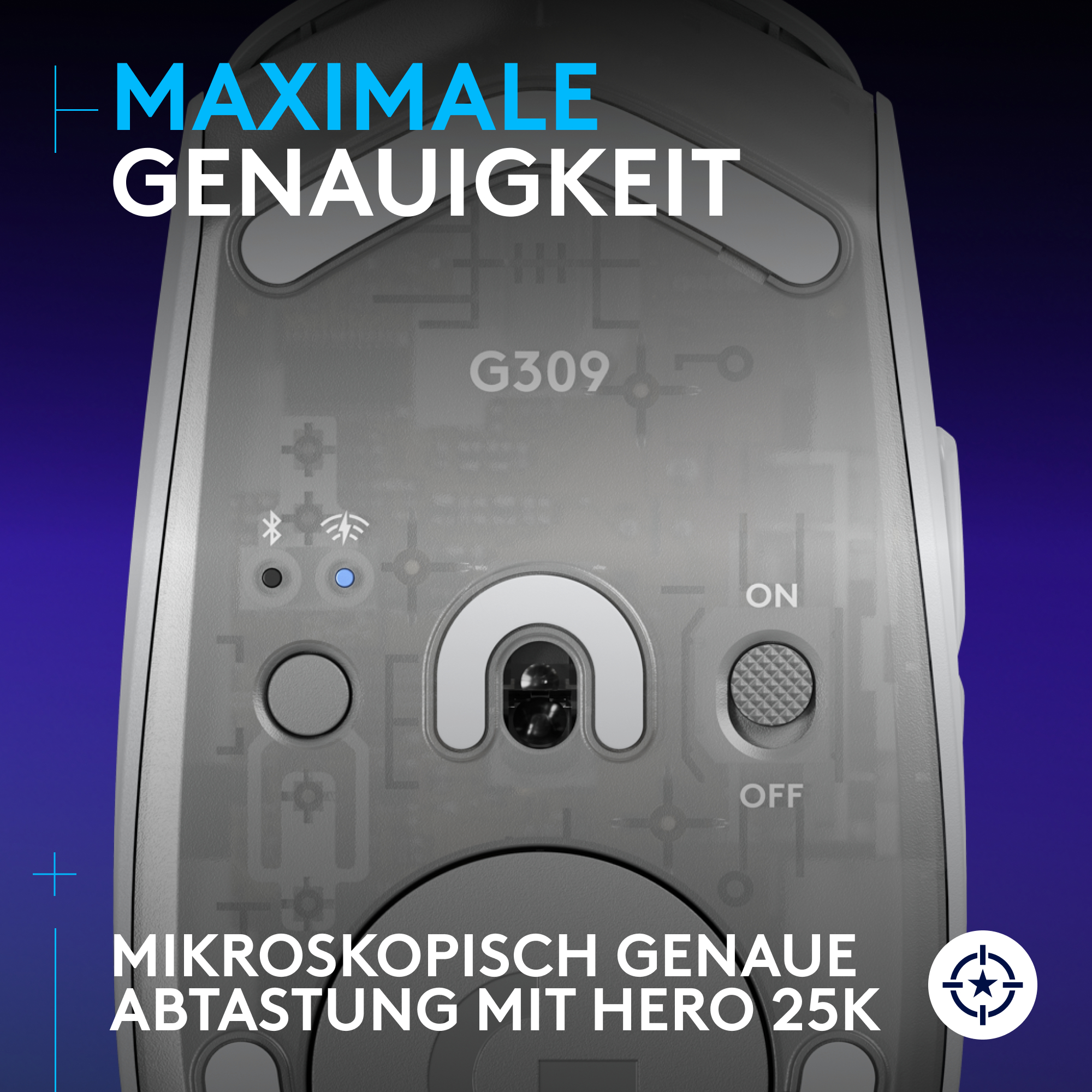Unterseite einer Maus mit Tasten und Einstellungen, Text.