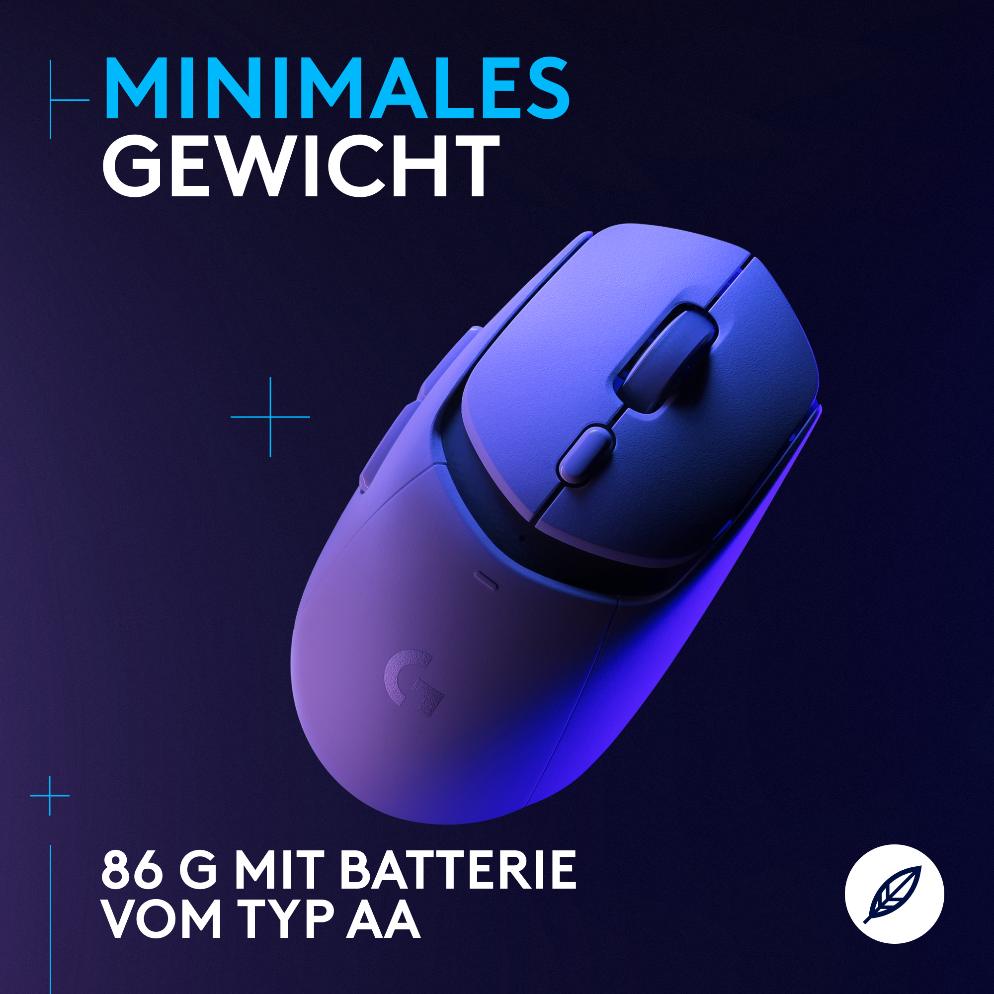 Blaue Maus auf dunklem Hintergrund. Text sagt 'Minimales Gewicht' und '86 G mit AA Batterie'.