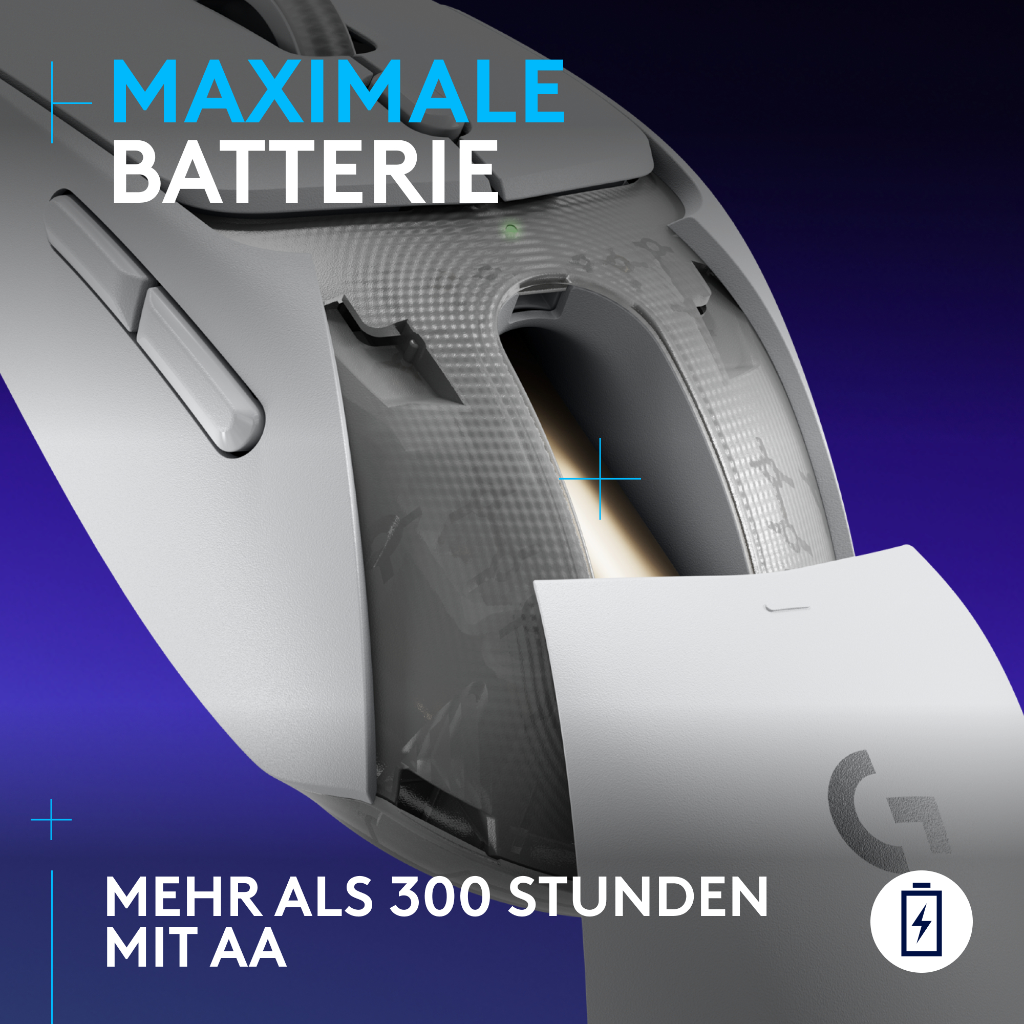 Eine graue Logitech-Maus mit geöffnetem Batteriefach. Auf der Maus steht 'Maximale Batterie'.