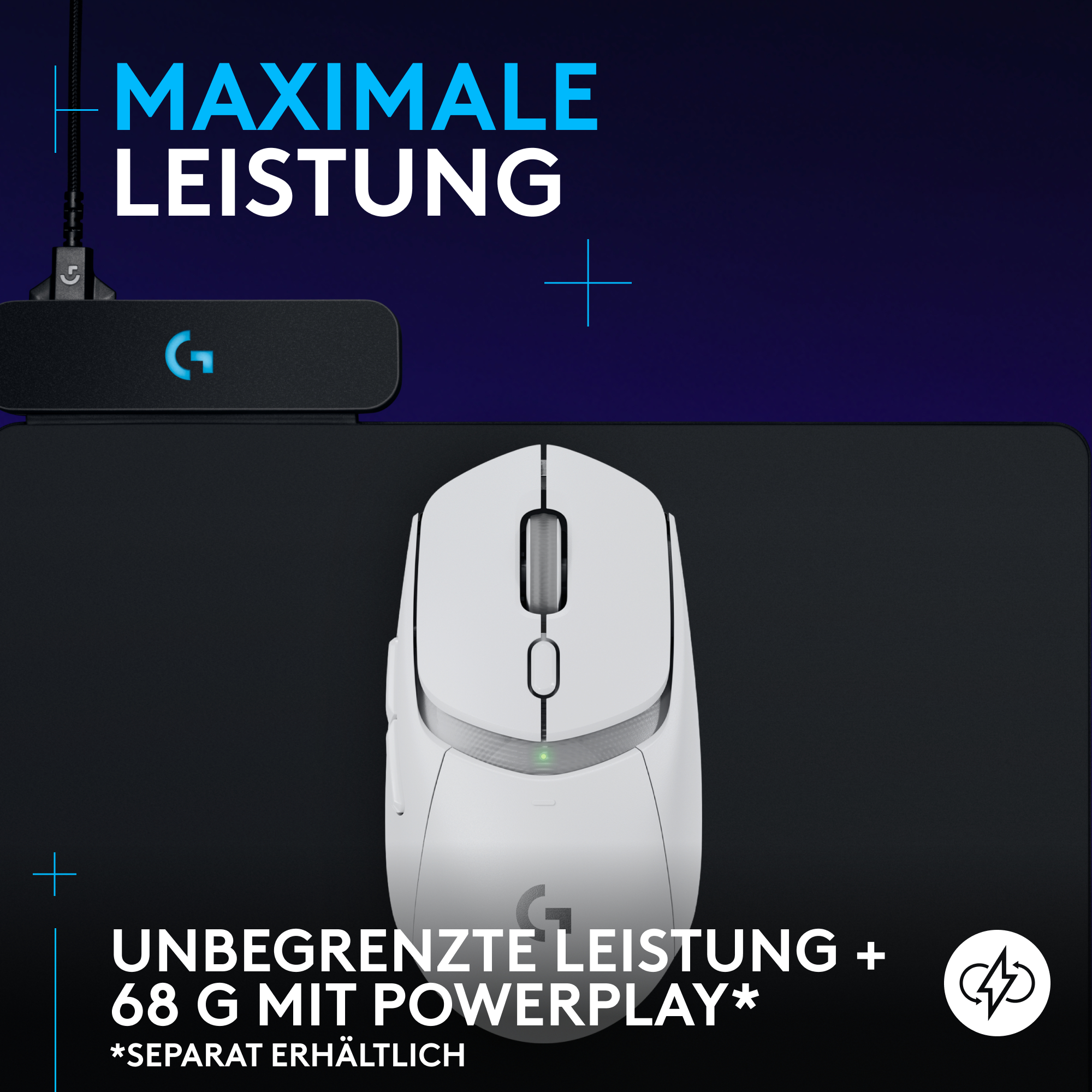Eine weiße Logitech-Maus auf einem schwarzen Mousepad, mit Text.