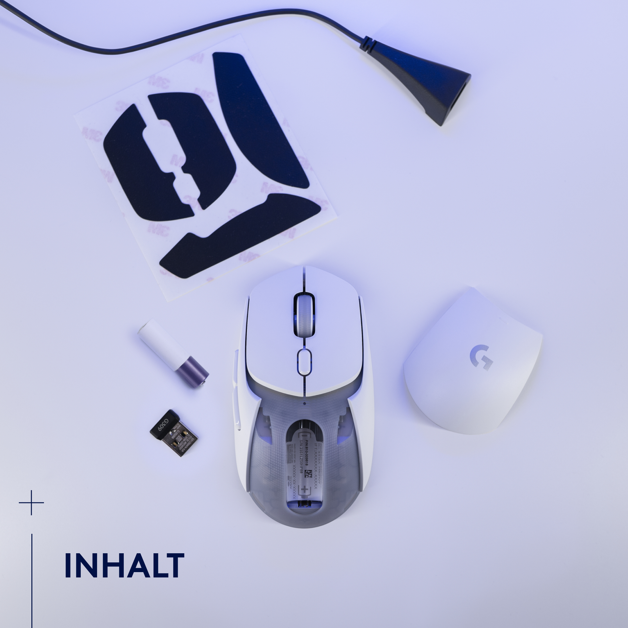 Eine Gaming-Maus zerlegt, zeigt Teile, eine Batterie und Zubehör.