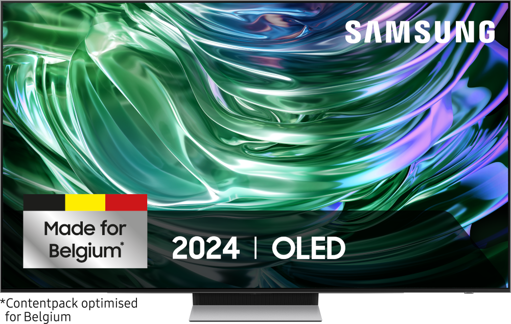 TV Samsung OLED avec motif abstrait vert et blanc sur l'écran. Texte: '2024 | OLED'.