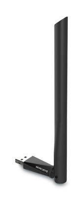 Czarny adapter Wi-Fi USB Mercusys. Stoi pionowo.