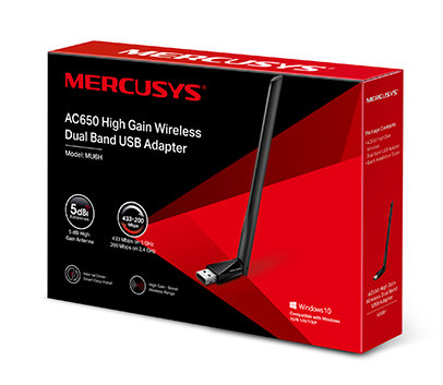 Adapter USB Mercusys AC650 High Gain Wireless Dual Band w czerwono-czarnym opakowaniu.