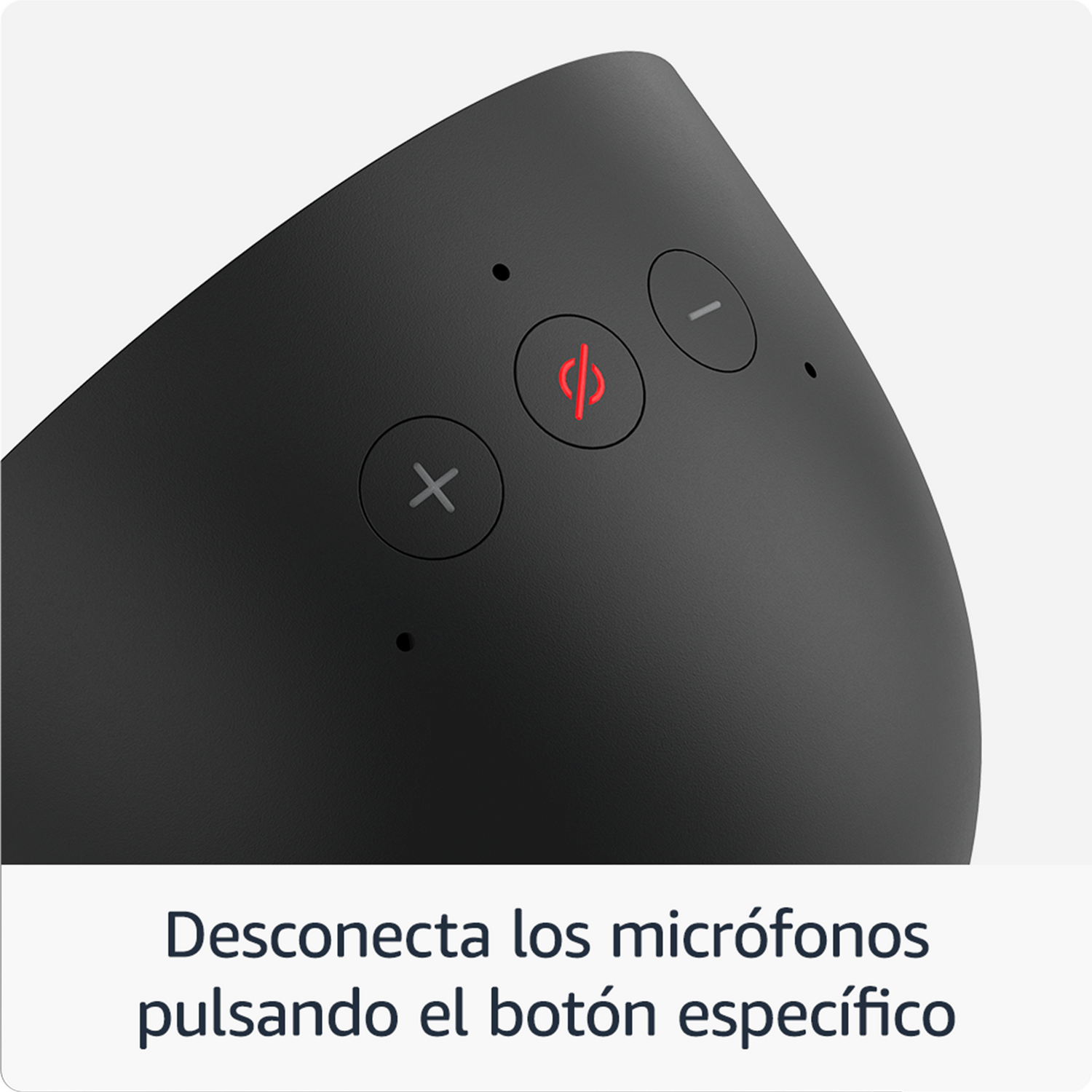 Primer plano de un altavoz inteligente negro con botones.