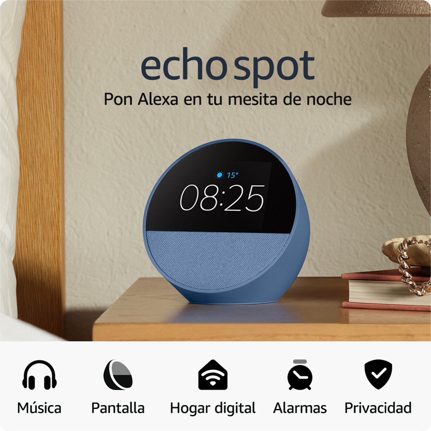 Un dispositivo Echo Spot con una carcasa azul, que muestra la hora. Varios iconos de aplicaciones en la parte inferior.