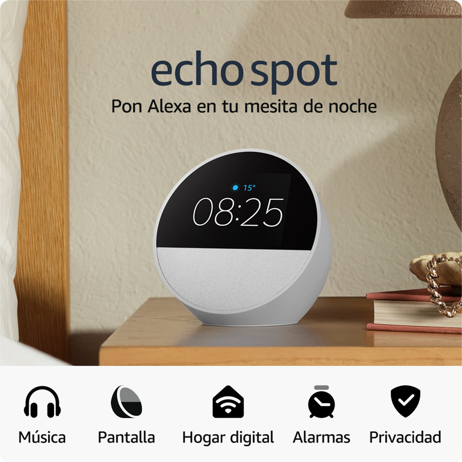 Echo Spot blanco y gris sobre mesa. Muestra hora. Iconos de música, pantalla, hogar, alarmas y privacidad.