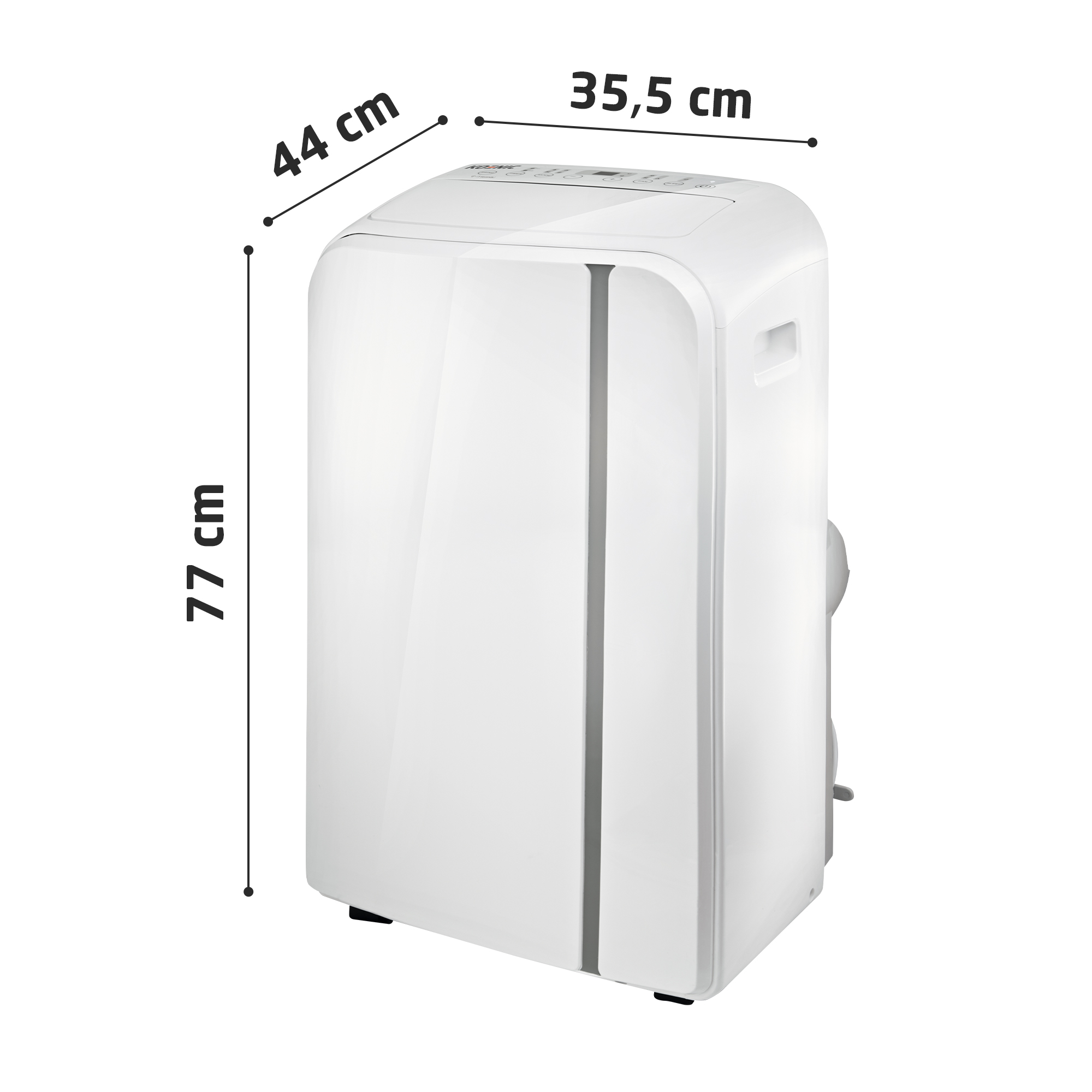 Biały przenośny klimatyzator z oznaczonymi wymiarami. Urządzenie znajduje się na białym tle.
