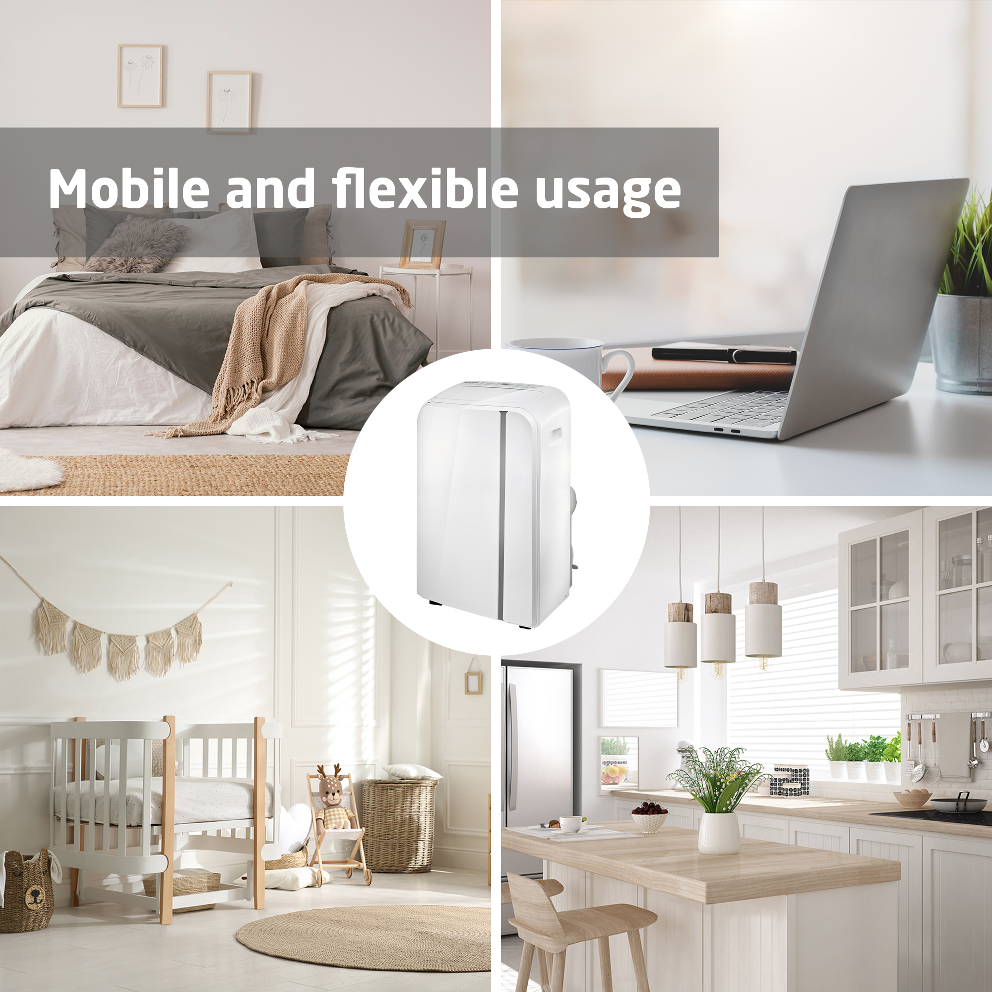 Biały klimatyzator w różnych ustawieniach domowych, z tekstem: Mobilne i elastyczne użytkowanie.