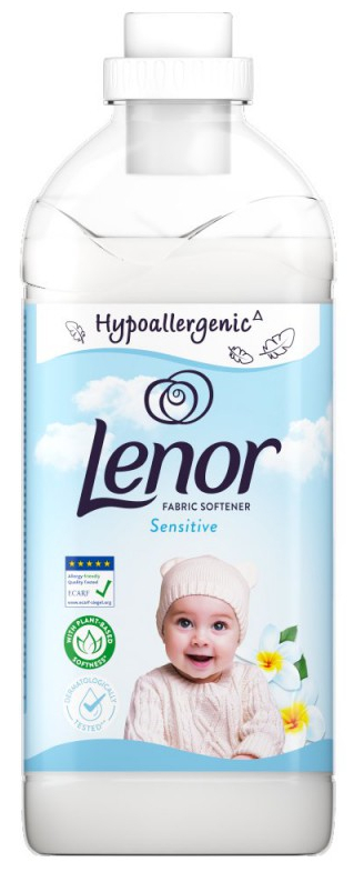 Butelka płynu do płukania tkanin Lenor. Zawiera dziecko, niebieskie niebo z chmurami i białe kwiaty.