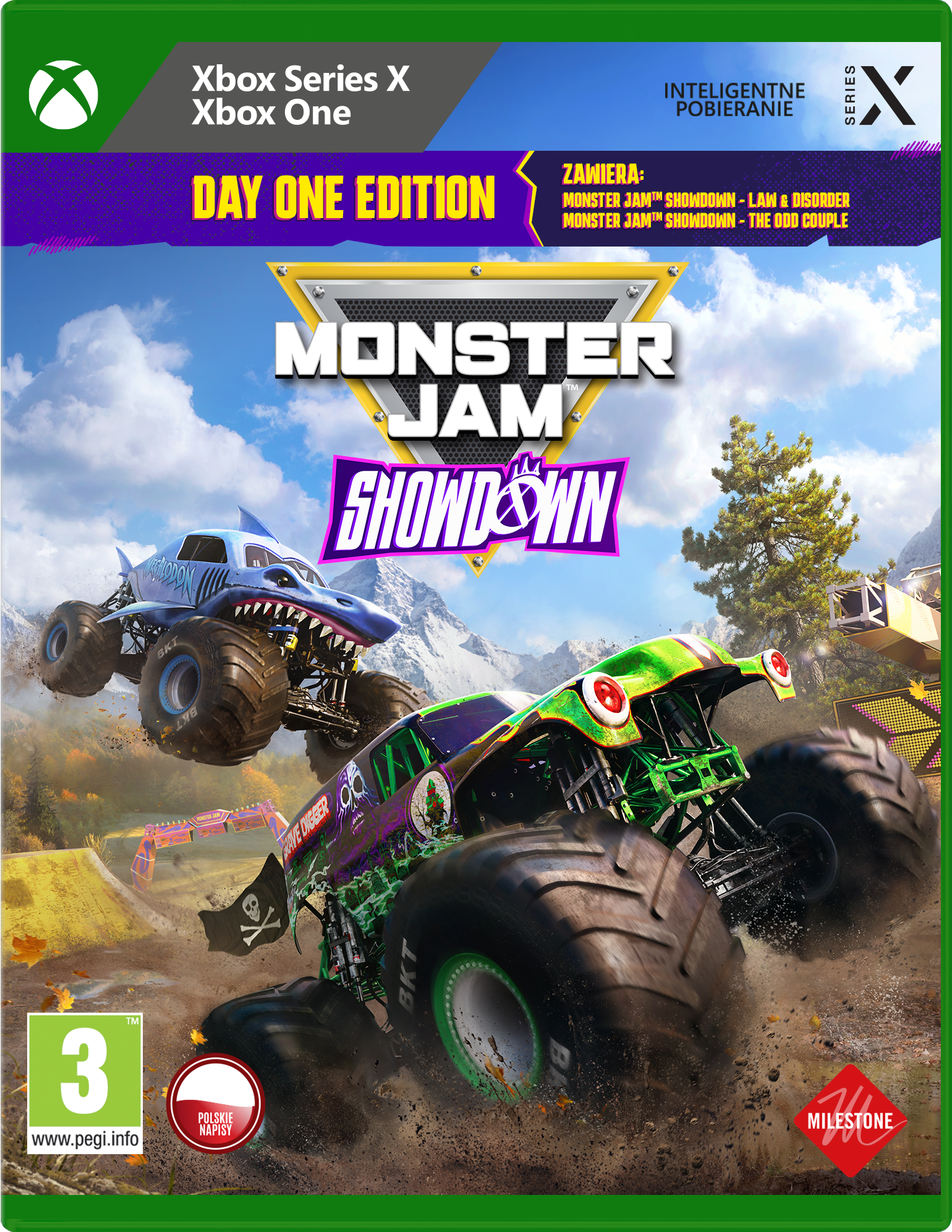 Pudełko z grą Monster Jam Showdown z monster truckami. Na pudełku napisano Day One Edition, Xbox Series X i Xbox One.