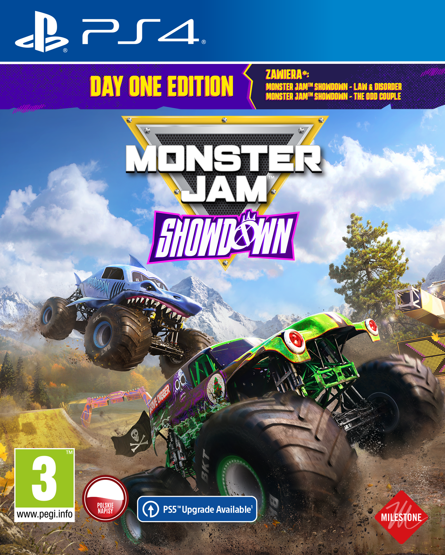 Okładka gry Monster Jam Showdown. Dwa monster trucki, jeden niebieski, jeden zielony, tło nieba.