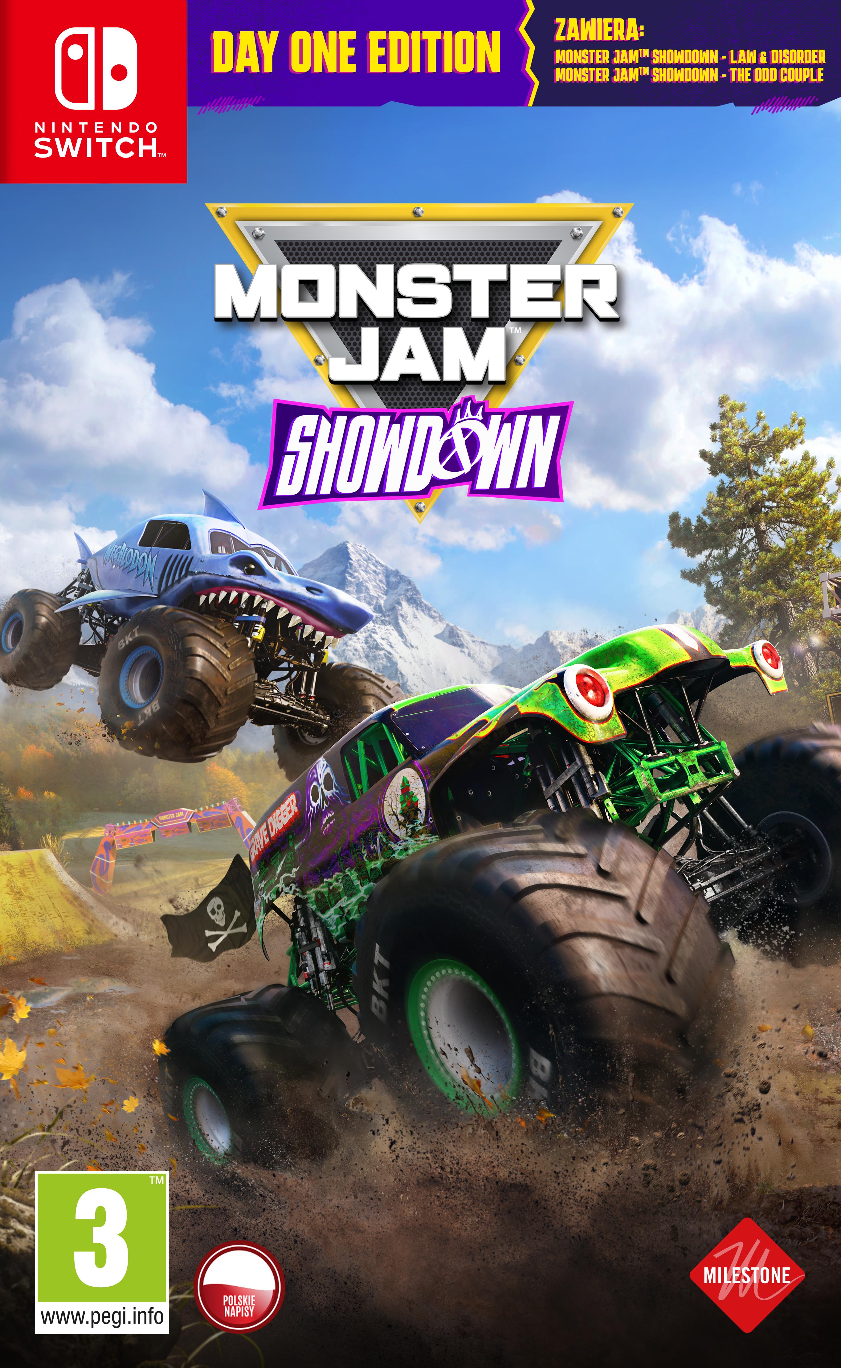 Pudełko gry na Nintendo Switch: 'Monster Jam Showdown' z monster truckami, ciężarówką rekina i tłem nieba.