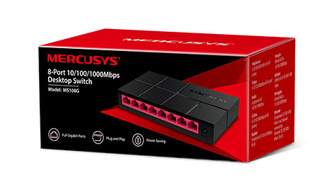 Czerwone pudełko Mercusys, czarny 8-portowy przełącznik biurkowy z różowymi portami. Białe tło.