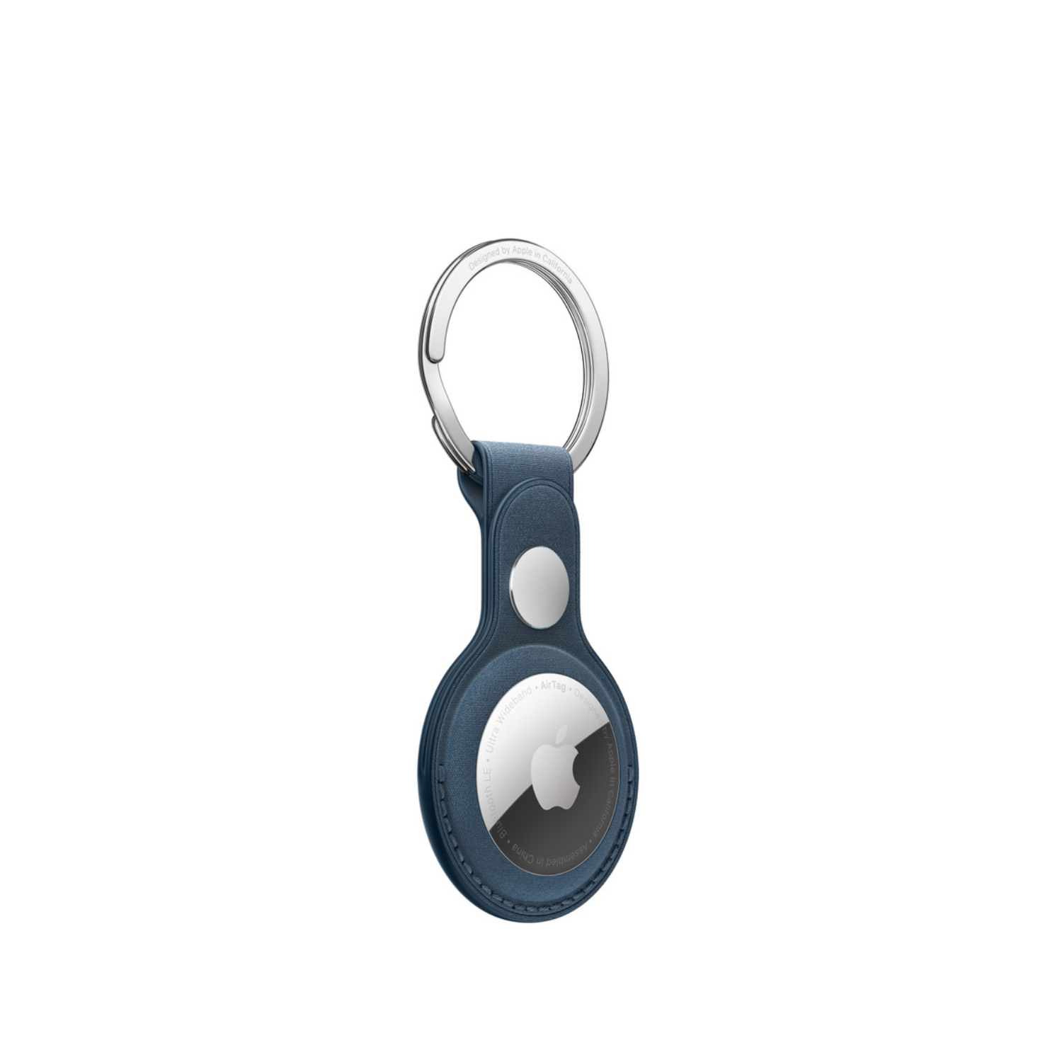 A blue Apple AirTag with a key ring, on a white background.