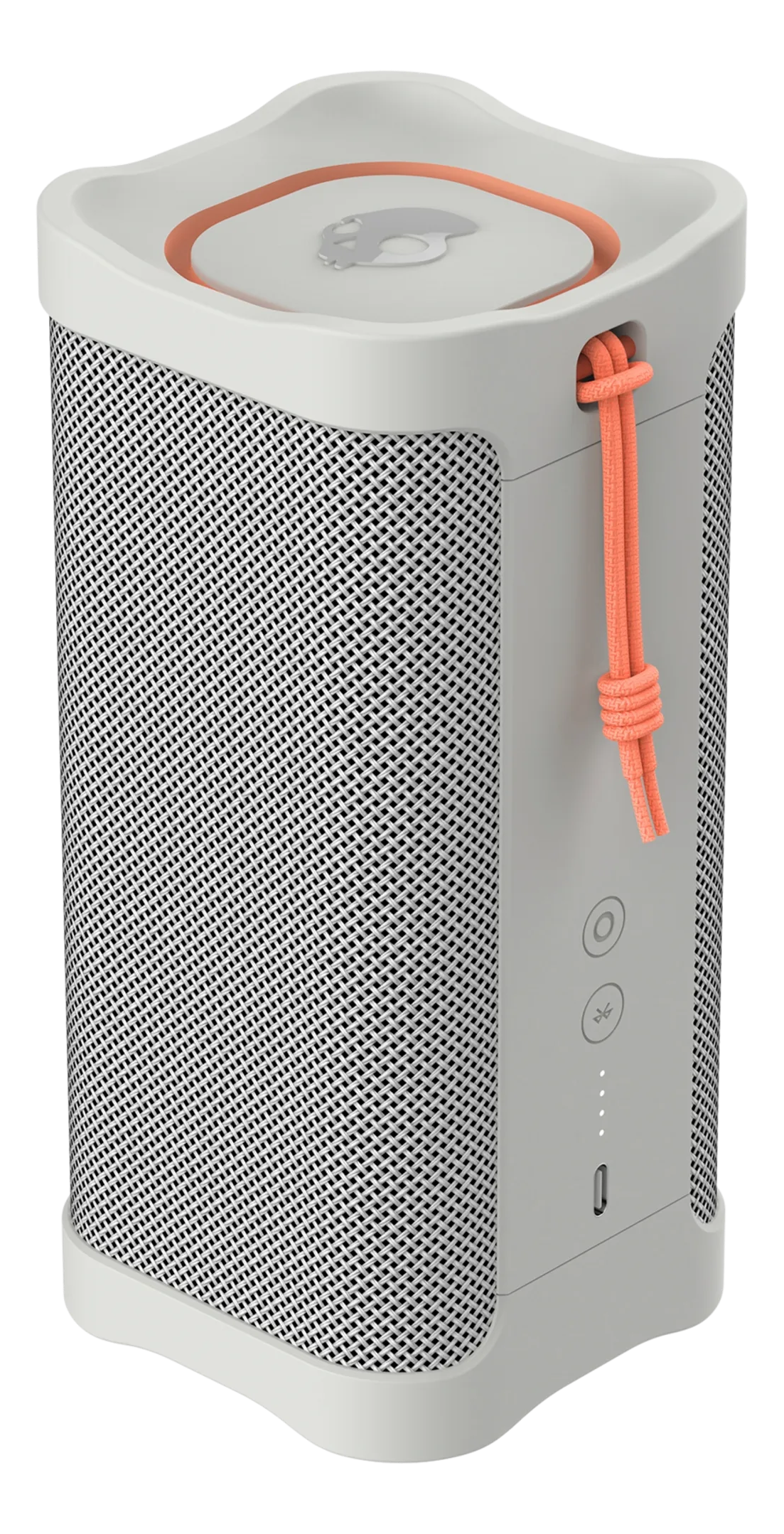 Altoparlante Skullcandy grigio e bianco, cordino arancione, design a rete, pulsanti, porta carica.