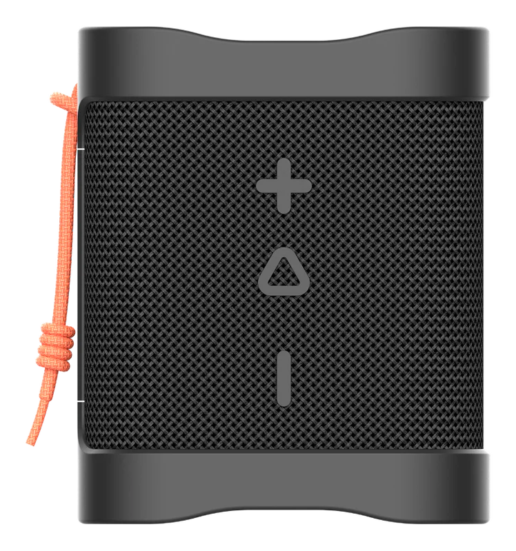 Haut-parleur noir avec façade en mesh et cordon orange. Commandes à l'avant.