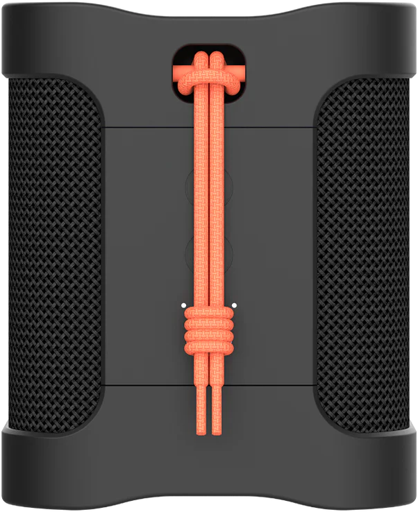 Haut-parleur noir avec cordon orange. Vue arrière. Le cordon est au milieu du haut-parleur.