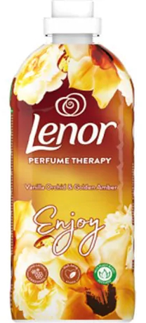 Butelka perfum Lenor Perfume Therapy ze słowami "Enjoy" i "Vanilla Orchid & Golden Amber".