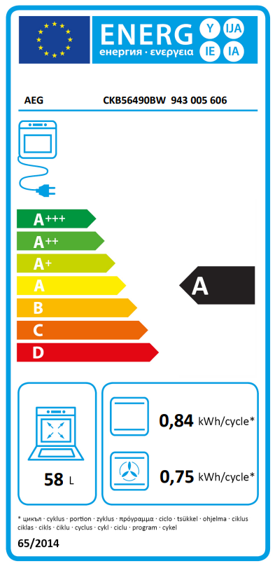 Energia címke egy AEG sütőhöz, energiahatékonyságot és specifikációkat mutat.