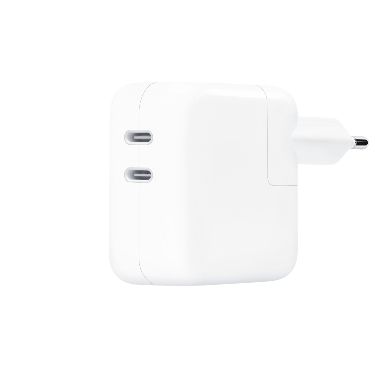 A white charger with two USB-C ports and a plug. Clean, simple design on a white background.