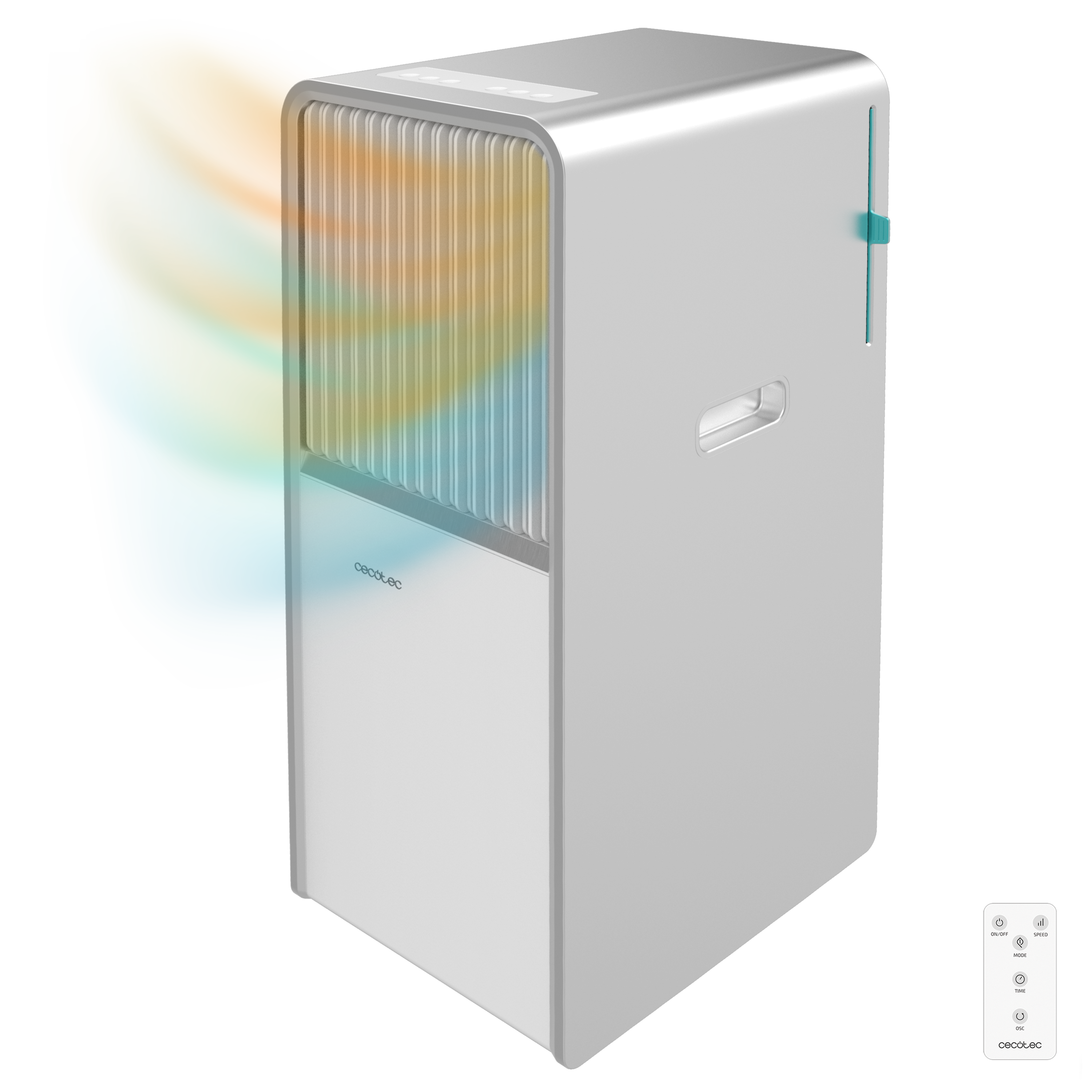 Un enfriador de aire blanco con un efecto de flujo de aire colorido en el lateral y el logotipo de Cecotec.