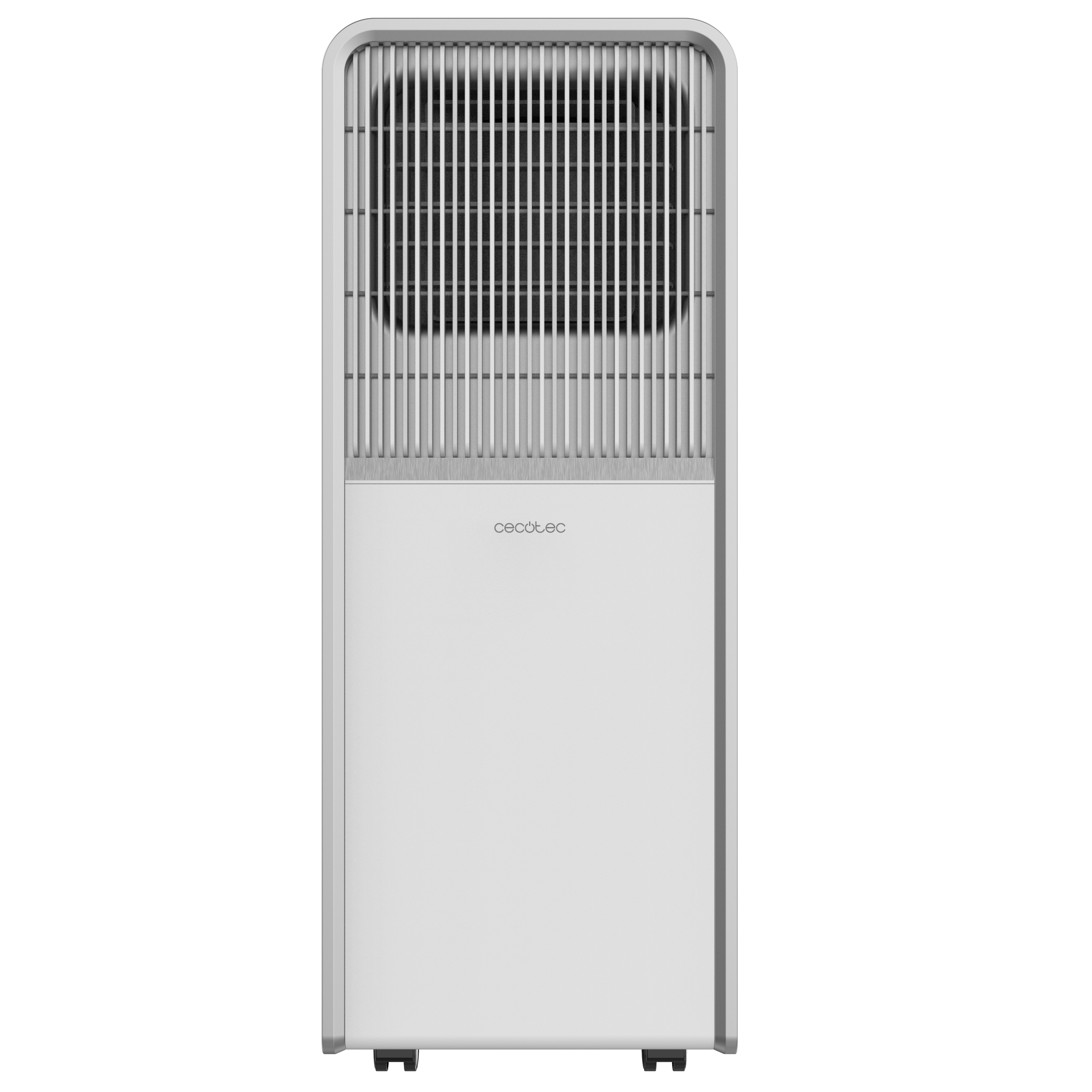 Un enfriador de aire Cecotec blanco, de pie con rejillas verticales, aislado sobre negro.